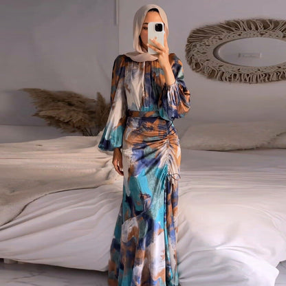 ikearlax In Stock Middle East Arab Cross-Border Women's Clothing  Spring New Fashion Temperament Graffiti Bubble Sleeve Length Dress