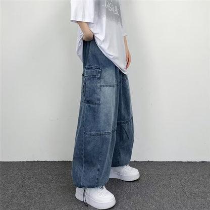 American Men's Casual Pants Ins plus Size Wide Legs Ankle-Tied Straight Loose Fashion Brand Worn Looking Washed-out Cargo Jeans