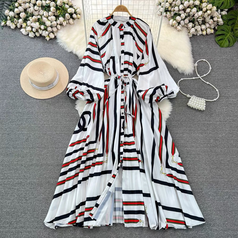 IKEARLAX  High-Grade Light Luxury Temperament Lantern Long Sleeve round Neck Waist Trimming Slimming Single-Breasted Printed Dress Elegant Long Dress