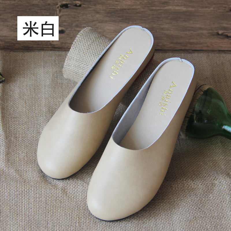 Summer New Genuine Leather Flat Closed Toe Slippers Women's Original Retro Artistic Crafts Pumps Mori Women's Shoes