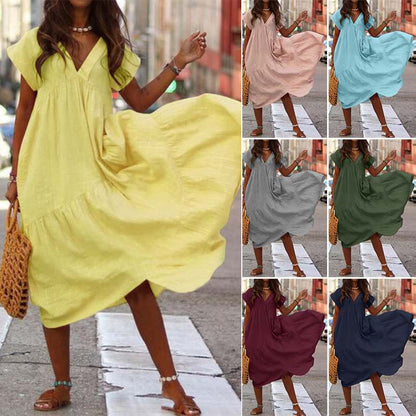 ikearlax Wish  Summer Hot plus Size Multi-Color Cotton Linen Loose V-neck Women's Dress