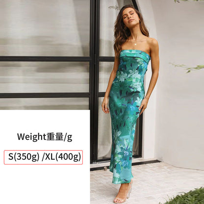 ikearlax Cross-Border HOTan and NEWn   Spring and Summer New Elegant Socialite Satin Backless Tube Top Dress Printing