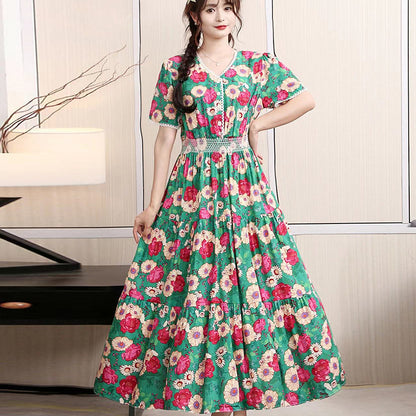 ikearlax Foreign Trade Bohemian Floral Dress Korean Style Cotton Silk Large Swing Dress V-neck Short Sleeve High Waist Dress Beach Skirt