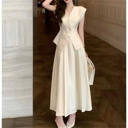 Design Sense Fashion Suit Women's Summer Wear Graceful and Fashionable Western Style V-neck Vest High Waist Skirt Two-Piece Suit Fashion