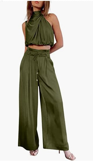 New Cross-Border E-Commerce Women's Casual Sleeveless Collar Two-Piece Suit Wide-Leg Pants for Summer Midriff-Baring Top