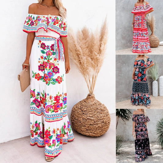 ikearlax In Stock!  Summer HOTan and NEWn Foreign Trade  Wish New off-Shoulder Printing Long Large Hem Dress