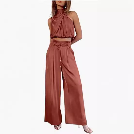 New Cross-Border E-Commerce Women's Casual Sleeveless Collar Two-Piece Suit Wide-Leg Pants for Summer Midriff-Baring Top