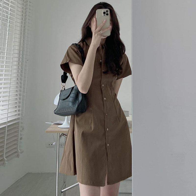 ikearlax South Korea Summer Simplicity Temperament Lapel Single Breasted Cinched Slimming Short Sleeves Shirt Style Small Size Dress