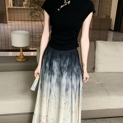 New Chinese Style Casual Suit Skirt for Women Summer  New Elegant Slimming Ink Painting Horse-Face Skirt Skirt Two-Piece Set