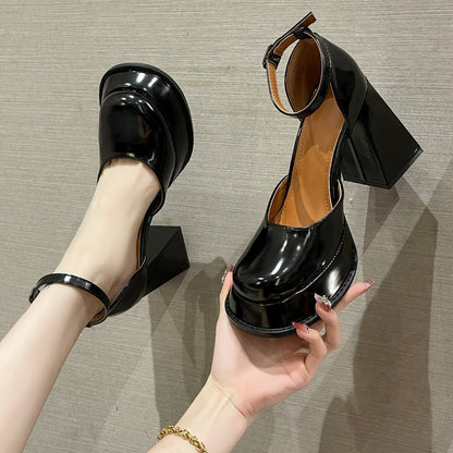 ikearlax Retro Waterproof Platform Hollow Mary Jane Shoes Female  New  Style Thick Bottom Chunky Heel Buckle High Heel Pumps