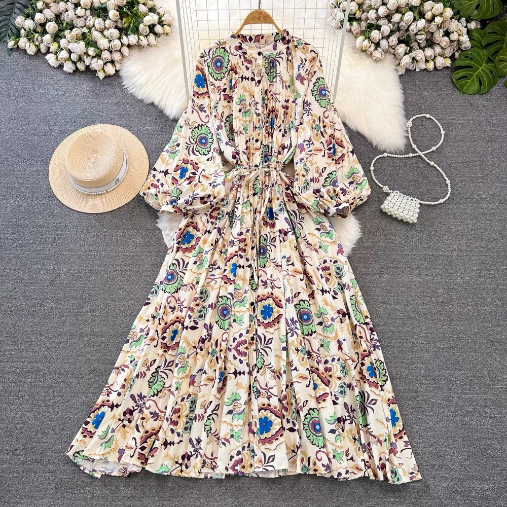 IKEARLAX  High-Grade Light Luxury Temperament Lantern Long Sleeve round Neck Waist Trimming Slimming Single-Breasted Printed Dress Elegant Long Dress