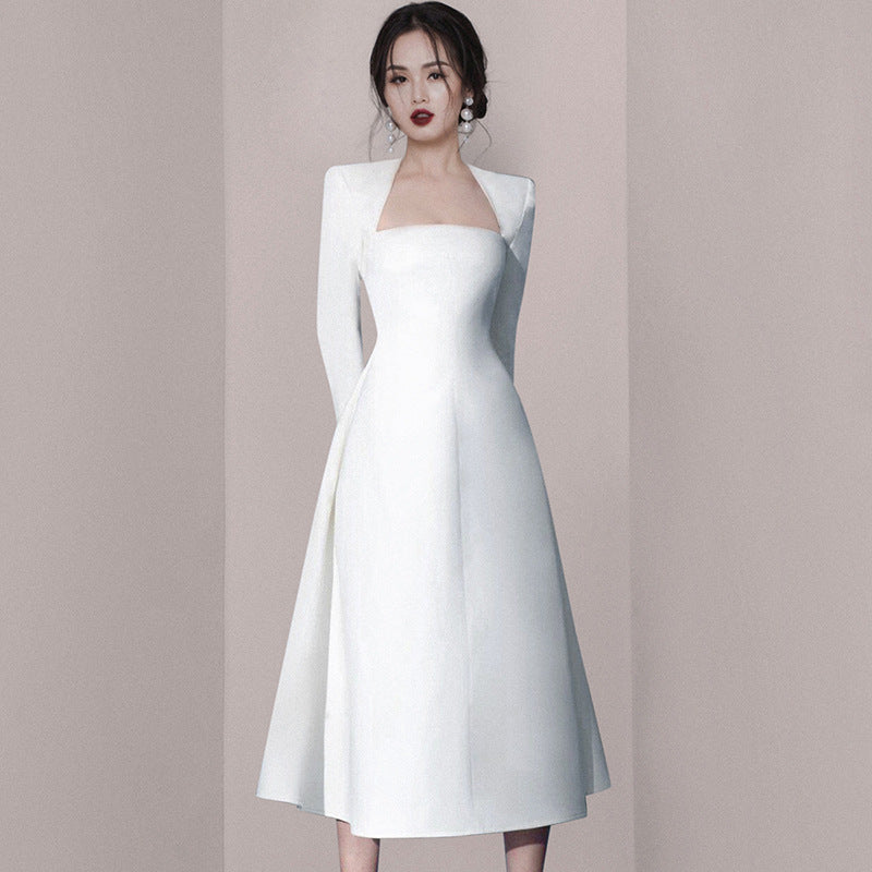 IKEARLAX  Autumn and Winter New Style White Simple Dress Bride Toasting Bridesmaid Dress Banquet Formal Occasion Dinner Suit