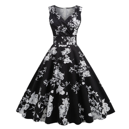 ikearlax Cross-Border  Women's New 50 S60s Hepburn Style Vintage Printing Dress Floral Dress