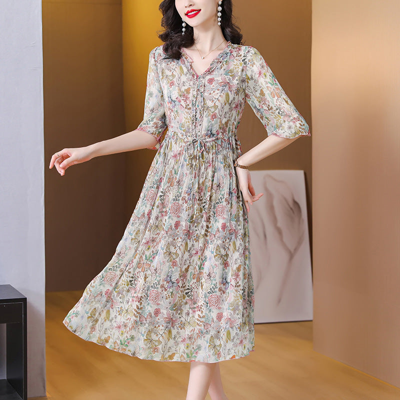 IKEARLAX Summer  Floral Mulberry Silk Dress Women's  New V-neck High-End Temperament Half Sleeve Chiffon Skirt