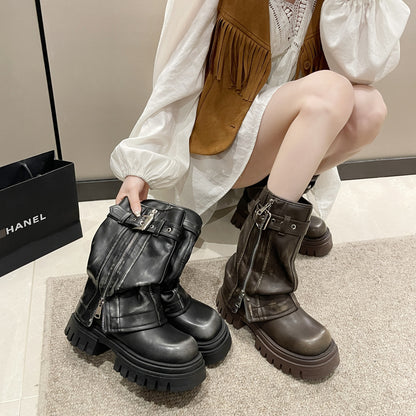 Small Retro British Style Platform Martin Boots Women's  New Autumn and Winter Slimming Pile Style Ankle Boots Pantyhose Boots