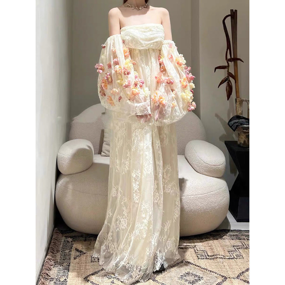 IKEARLAX  Direct Supply Nanyou in Stock  New Super Fairy Flowers Puff Sleeve Tube Top Dress High-End Mesh Lace Dress