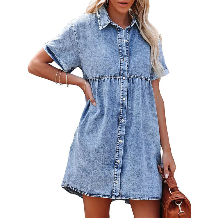 IKEARLAX Cross-Border Foreign Trade  European and American Washed Denim Lapel Loose Sweet Lotus Leaf Dress Short Skirt New