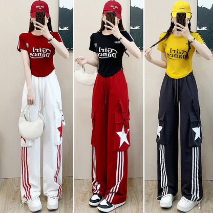 Fashion Casual Exercise Suit Women's Summer  New Slimming T-shirt with Bars Overalls Two-Piece Set