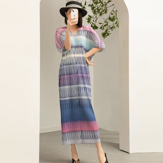 ikearlax HOTan Station Temperament plus Size Dress Spring and Summer New Retro Printed Batwing Sleeve V-neck Pleated Long-Sleeved Dress