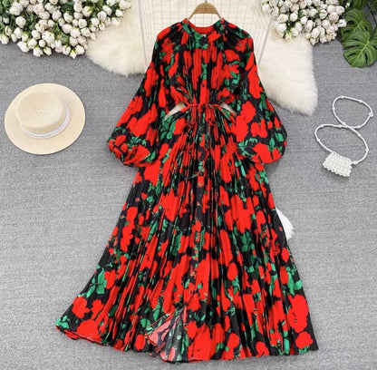 IKEARLAX  High-Grade Light Luxury Temperament Lantern Long Sleeve round Neck Waist Trimming Slimming Single-Breasted Printed Dress Elegant Long Dress