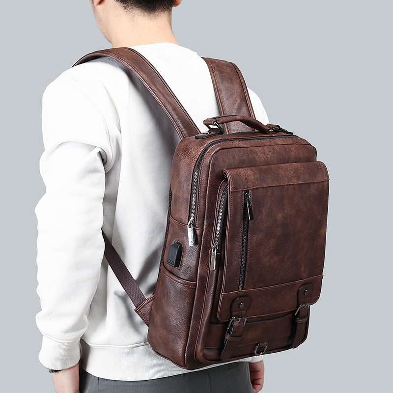 Men's Leather Bag New Large Capacity Men's USB Charging Backpack Computer Bag Travel Backpack Cross-Border Leather Bag Men