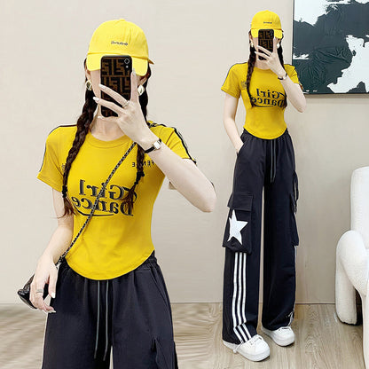 Fashion Casual Exercise Suit Women's Summer  New Slimming T-shirt with Bars Overalls Two-Piece Set