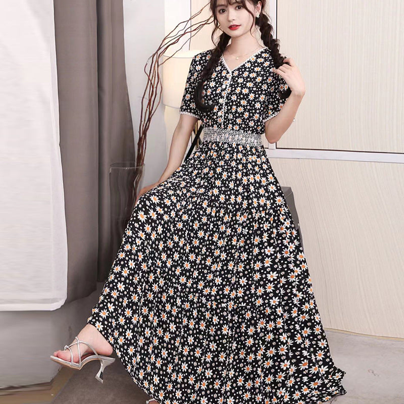 ikearlax Foreign Trade Bohemian Floral Dress Korean Style Cotton Silk Large Swing Dress V-neck Short Sleeve High Waist Dress Beach Skirt