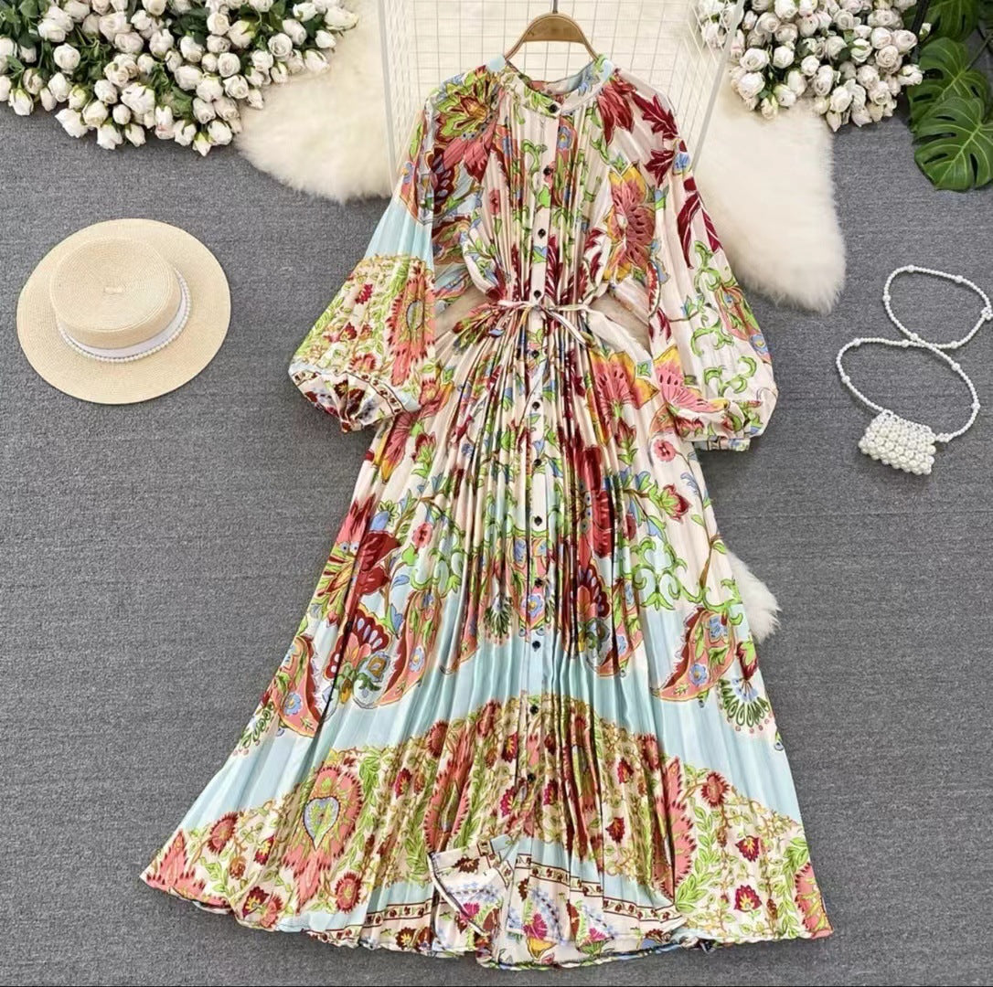 IKEARLAX  High-Grade Light Luxury Temperament Lantern Long Sleeve round Neck Waist Trimming Slimming Single-Breasted Printed Dress Elegant Long Dress