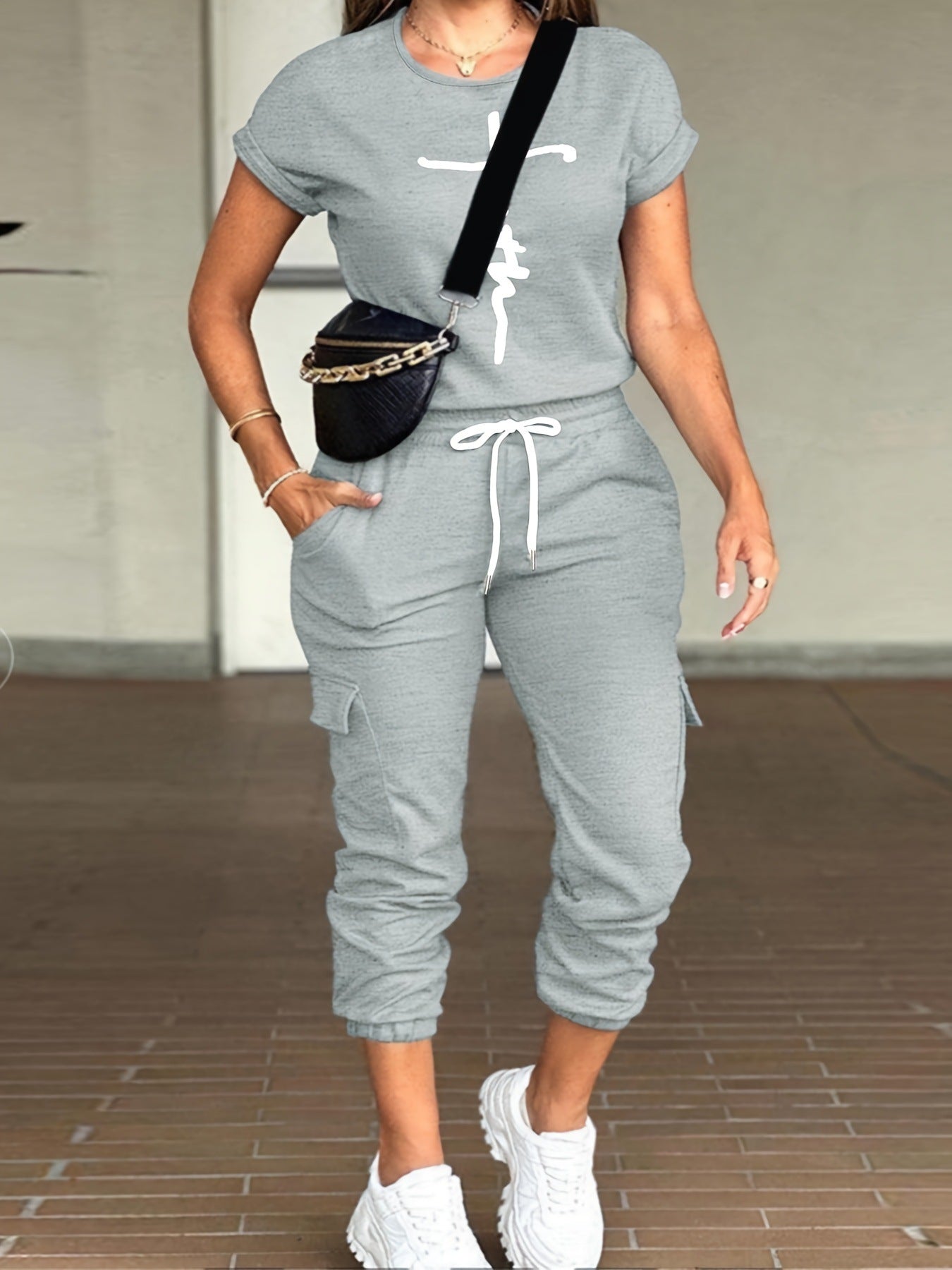 Casual Fashion Set Women's Summer  New American Style Fried Street Loose Gray Slimming Overalls Two-Piece Set