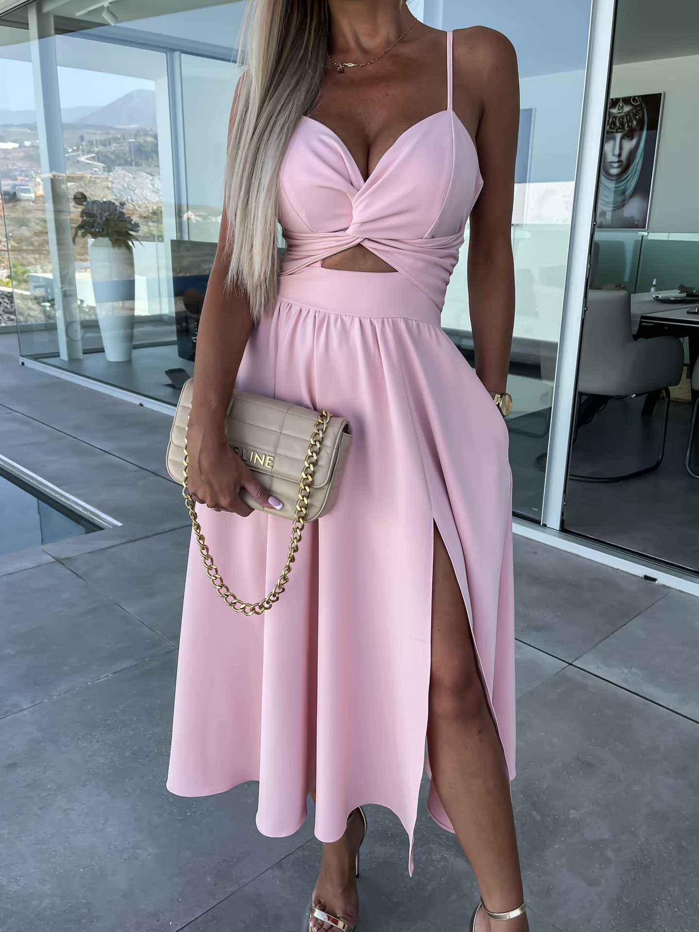 IKEARLAX  Foreign Trade 23 Summer New Fashion Socialite Deep V-neck Hollow-out Big Slit Hemline Camisole Gown Dress 23017