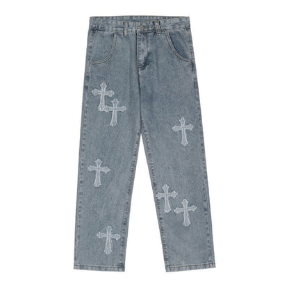 European and American High Street Ins Cross Patch Hip Hop Jeans Men's Pu Shuai Fried Street Straight Loose-Fitting Wide-Leg Trousers