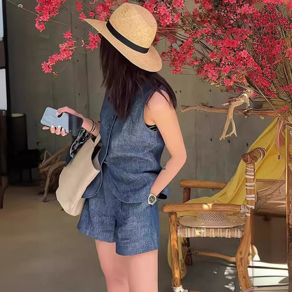 Retro Blue Linen Denim Suit Women's  Summer Hong Kong Style Casual Sleeveless Vest Cardigan Shorts Fashion Two-Piece Suit