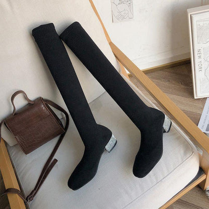 Over-the-Knee Boots Women  New Elastic Socks Boots Chunky Heel High Heel Long Stockings Skinny Boots Spring and Summer Thin