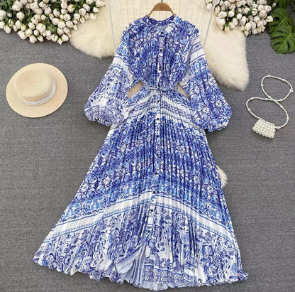 IKEARLAX  High-Grade Light Luxury Temperament Lantern Long Sleeve round Neck Waist Trimming Slimming Single-Breasted Printed Dress Elegant Long Dress