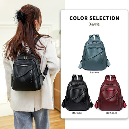 Cross-Border Soft Leather Women's Pu Backpack Pure Color All-Matching Waterproof Backpack High-Grade Soft Leather Women's Bag Wholesale