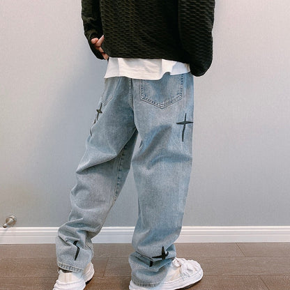 Korean Style Straight Jeans Men's Loose New Spring and Autumn New Trendy Casual Men's Ankle Length Pants Hong Kong Style Wide Leg Pants