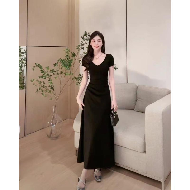 IKEARLAX  Style Elegant V-neck Black Dress Women's Summer New Slim Fit Slimming Waist-Tight Long Skirt