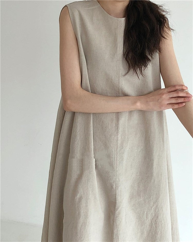 IKEARLAX Cross-Border Hot Sale  Summer Japanese and Korean Chic Casual Simple Loose Big Hem Sleeveless Long Cotton Linen Dress Women