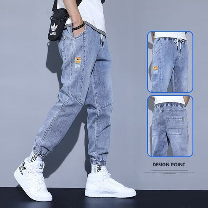 Light Color Denim Pants Boys Spring and Summer 2023 New Ankle-Tied Fashion Brand All-Matching Workwear Harem Cropped Casual Pants