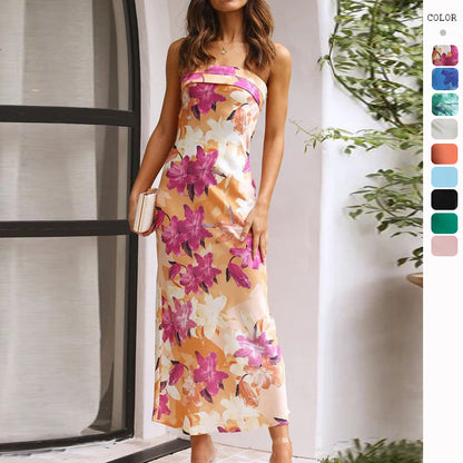 ikearlax Cross-Border HOTan and NEWn   Spring and Summer New Elegant Socialite Satin Backless Tube Top Dress Printing