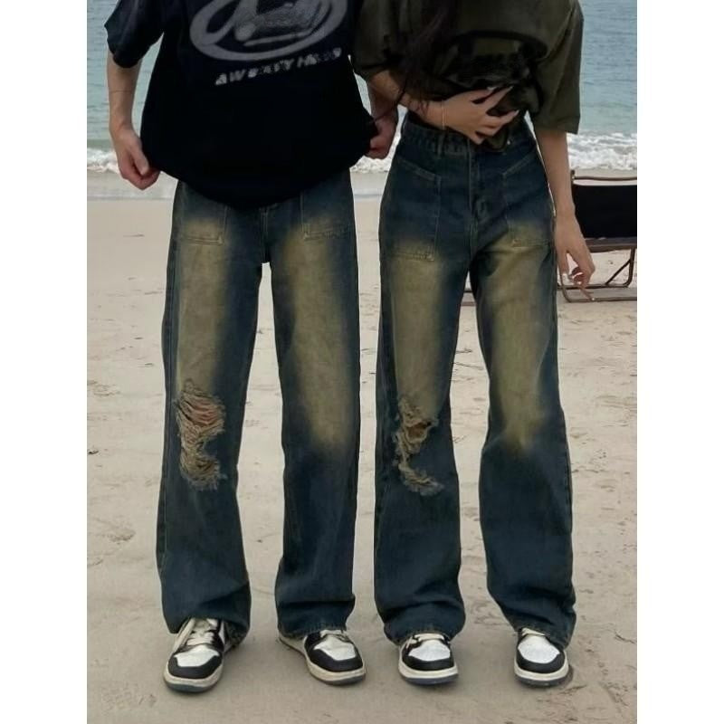 American Retro Tattered Jeans Jeans Men's Loose Straight All-Matching Washed Gradient Couple Tooling Casual Long Pants