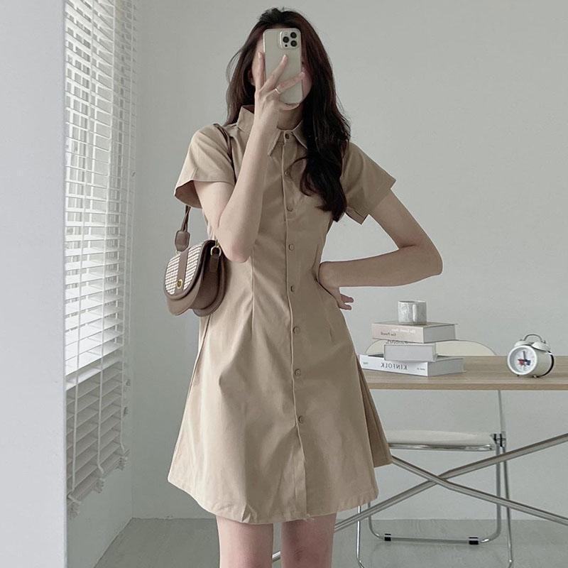 ikearlax South Korea Summer Simplicity Temperament Lapel Single Breasted Cinched Slimming Short Sleeves Shirt Style Small Size Dress