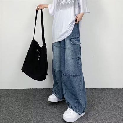 New Fashion Brand Japanese Style Wide Leg Large Pocket Overalls Men's Summer Ins Neutral Loose Straight Casual Jeans