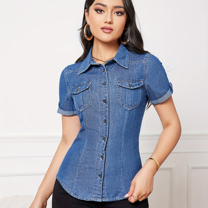 Women's Casual Denim Shirt, Short Sleeve Button-Down Jean Top With Chest Pockets, Slim Fit Fashion Top For Ladies