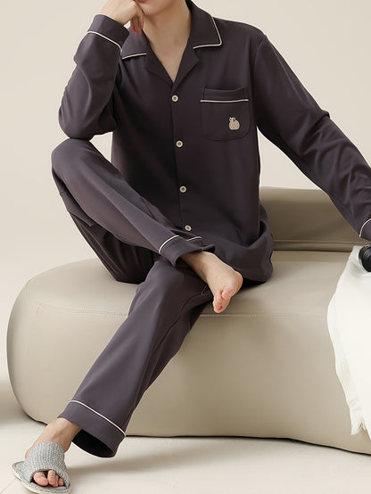 Mandarin Brand Men's Cotton Pajama Set - Casual & Stylish Long Sleeve Top with Pockets, Comfortable Loungewear for Spring/Fall