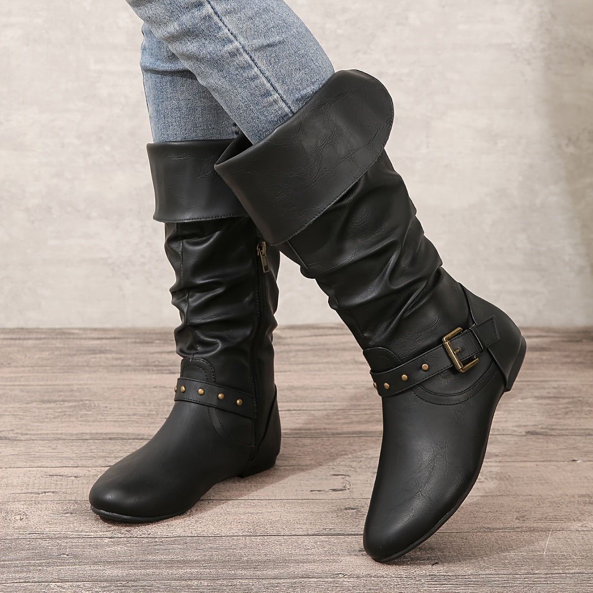 Retro Chic Pleated Knee-High Women's Boots with Buckle Detail, Comfortable Flat Heel & Easy Zip Closure, Versatile Western Style