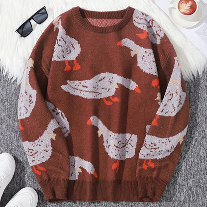 Mens Long Sleeve Cartoon Goose Pattern Crew Neck Sweater - Soft Slight Stretch Polyester Fabric, Regular Fit, Hand Washable - Perfect for Casual Daily Wear in Spring and Fall