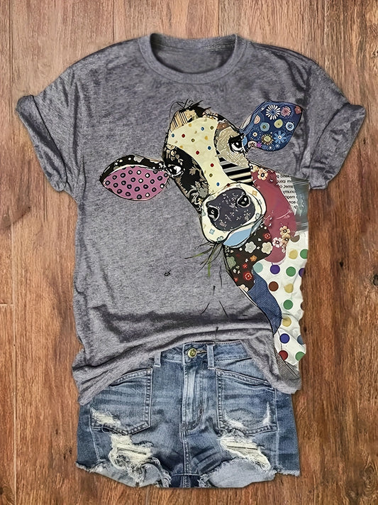 Chic Cow Print Womens T-shirt - Soft Crew Neck Short Sleeve Top - Fashionable & Casual Everyday Wear