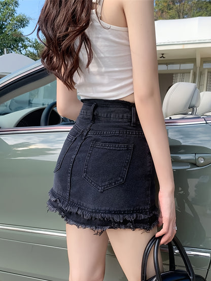 Mini Retro A-line Denim Skirt with Raw Hem and Slash Pocket - Stylish Womens Denim Clothing for Casual Daily Wear - High-Quality Fabric, Comfortable Fit, and Classic Design