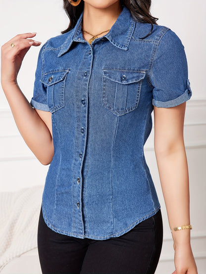 Women's Casual Denim Shirt, Short Sleeve Button-Down Jean Top With Chest Pockets, Slim Fit Fashion Top For Ladies